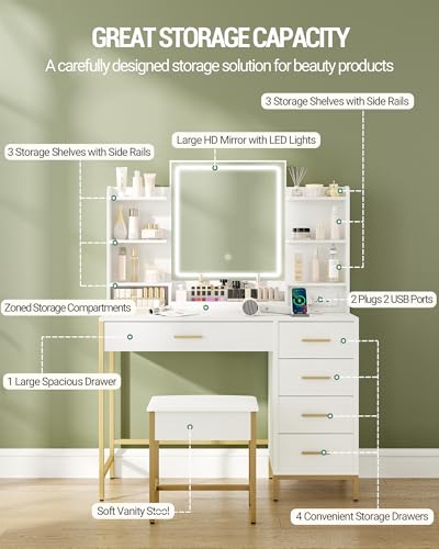 Hzuaneri Dressing Table, Vanity Desk with Soft Stool, HD Mirror and Adjustable LED Lights, Makeup Table with Socket and USB, 5 Drawers, Open Storage Compartment, Modern Style, White-Gold, DT351HDTUK