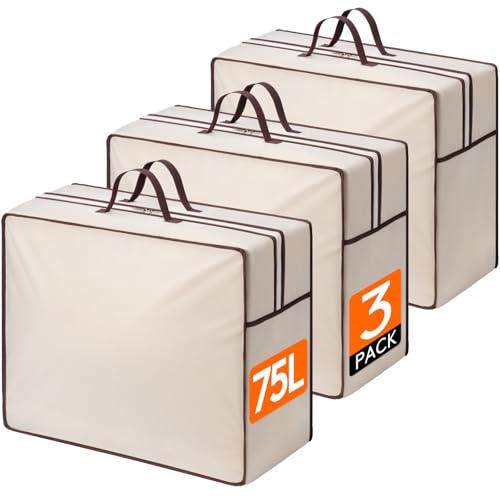 Lifewit 75L Aufbewahrungstasche mit Verstärkten Griffen, 3 Stück Kleidung, Atmungsaktive, XXL Bettdecken Aufbewahrung mit 2 Reißverschluss, Aufbewahrung für Kissen, Bettwäsche & Decken