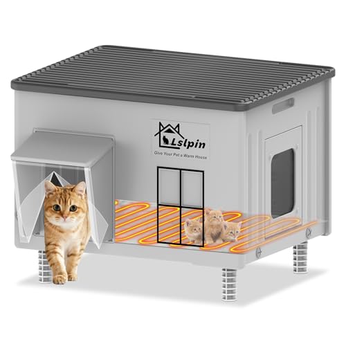 Large Heated Cat House for Outside Cats in Winter, Lslpin Weatherproof & Insulated Outdoor Feral Cat House with Escape Door,Outside Cats House Shelter with Heating Pad 21.6×16.9×17.5