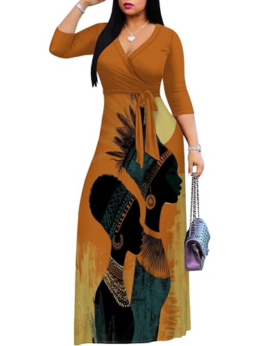 Image of PinkPatty Plus Size Maxi Dresses for Women Casual Flowy Long Dress 3 /4 Sleeve V Neck Wrap Dress with Belt