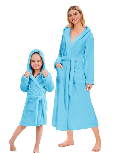Image of Umeyda Girls & Women Fleece Hooded Robes, Soft Fuzzy Bathrobe Warm Plush Fluffy Bath Robe for Kids Womens