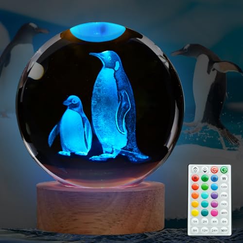 Cadeau pingouin original : veilleuse boule de cristal 3D 16 couleurs pour les vacances
