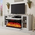 LUXOAK 75" Fireplace TV Stand with 3-Sided Glass Electric Fireplace, Media Entertainment Center with Farmhouse Glass Door Storage Cabinet, TV Console Table for TVs up to 85", Distressed White