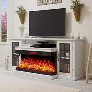 LUXOAK 75" Fireplace TV Stand with 3-Sided Glass Electric Fireplace, Media Entertainment Center with Farmhouse Glass Door Storage Cabinet, TV Console Table for TVs up to 85", Distressed White