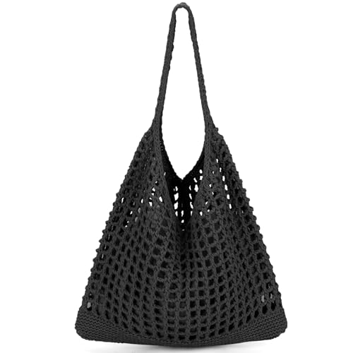 EIMMBD Crochet Bags for Women Beach Totes Bags Aesthetic Summer Tote Shoulder Hippie Bag Knit Bag,13 x 14 inch(B-Black)