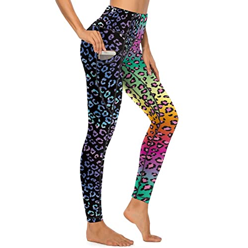Cerburny Christmas Leggings High Waisted Exercise Yoga Pants with Pockets Workout Leggings for Women Running Neon Leopard Pants