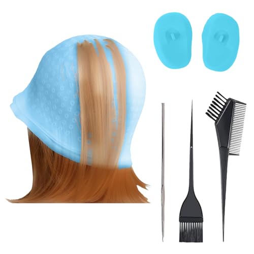 Silicone Highlight Cap Kit, Hair Dye Cap with Hook Needles Hair Dye Comb and Earmuffs, Streaking Cap Hair Highlighting Cap and Hook Kit Hairdressing Dyeing Staining Tools for Women Men