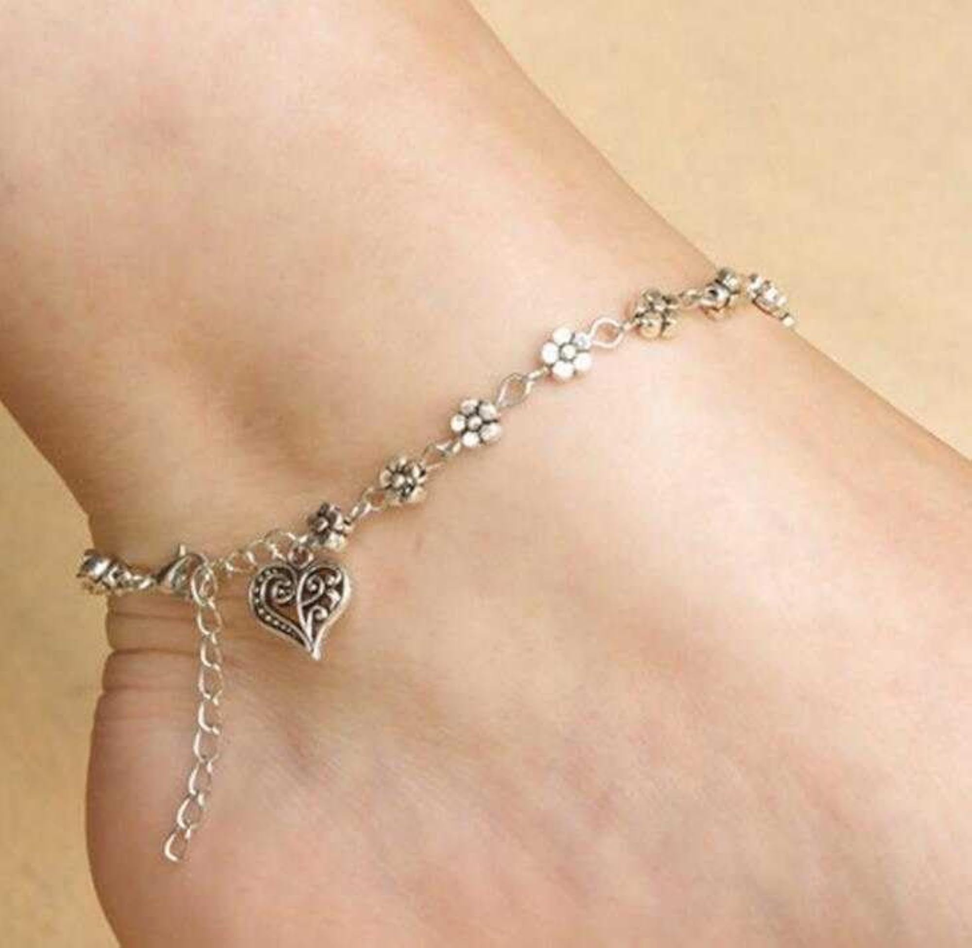 Floral Heart Shaped Anklet with Charm, Lobster Claw Closure