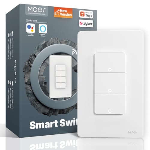 MOES 2nd Generation Zigbee Smart Switches 3 Gang, No Neutral Wire, Require MOES Zigbee Hub, Inteligente Single Pole Light Switch, Compatible with Alexa Google Assistant, Support Tuya Smart L