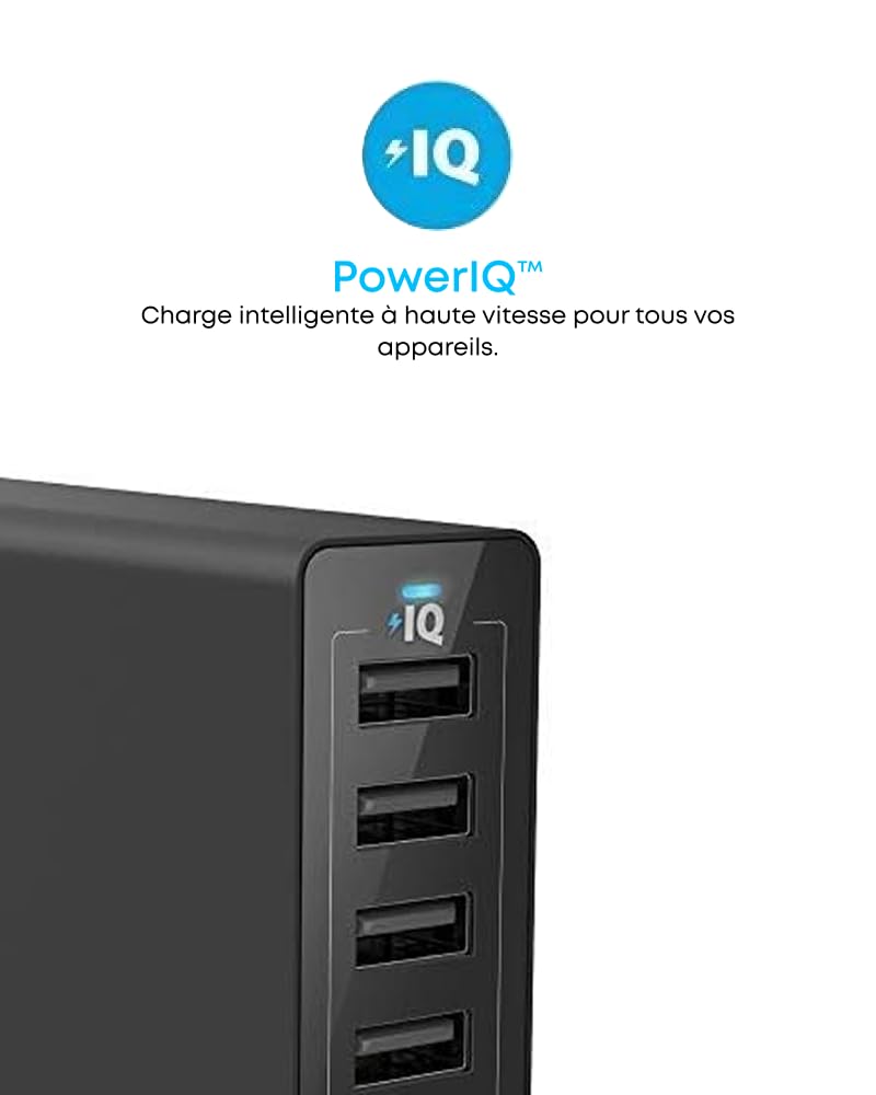 Anker Chargeur Secteur USB PowerPort 6 Ports 60W - Chargeur mural avec technologie PowerIQ, Adaptateur de Voyage pour smartphones et tablettes: iPhone, iPad, Samsung et autres