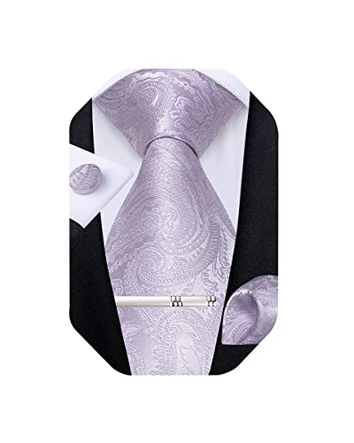 DiBanGu Paisley Ties for Men Silk Necktie and Pocket Square Cufflinks Tie Clip Set Woven Classic Mens Tie for Wedding Party, Lilac