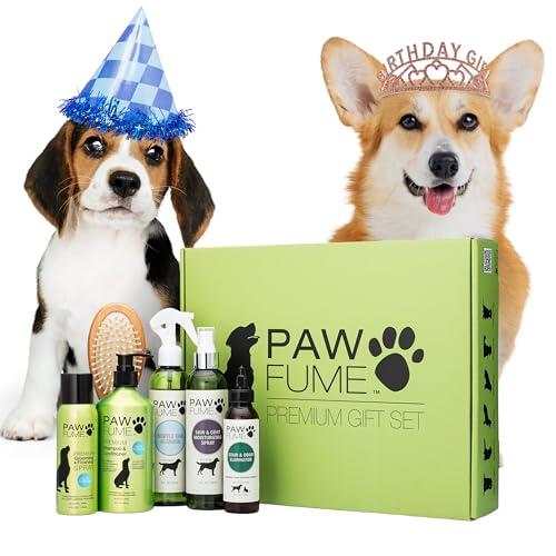 Image of Pawfume Dog Gift Basket, 6-Piece Box - Give Your Pup a Spa-Quality Coat & Odor-Free Freshness - Probiotic Deodorizer Spray, Hypoallergenic Grooming Mist & Premium Brush - Dog Gift Boxes for All Breeds