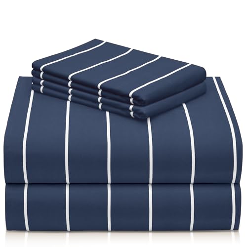 Image of LuxClub 4 PC Cal King Size Sheet Set, Breathable Luxury Bed Sheets, Deep Pockets 18 inch Wrinkle Free Cooling Machine Washable Hotel Bedding (Striped Navy)