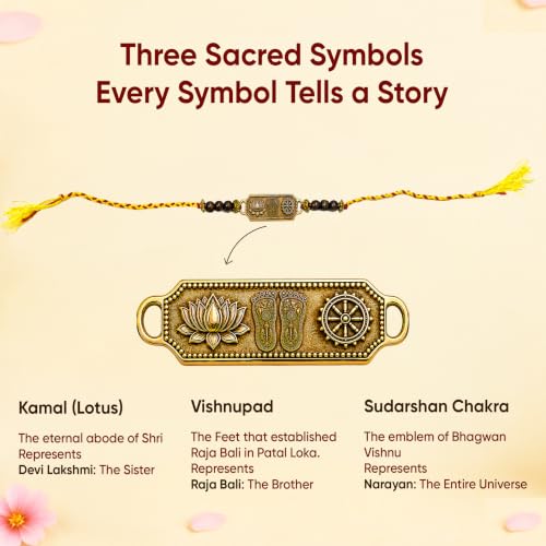 Image of 5 Brass Rakhis for Brother | As per Bhagavata Purana with Vishnupad, Kamal & Sudarshan Chakra Symbols I Premium and Authentic Rakhi for Raksha Bandhan