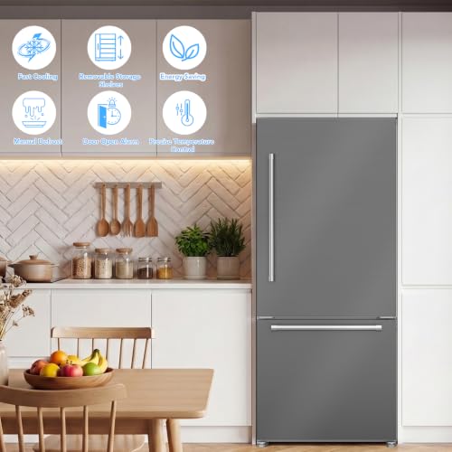 Image of Electactic 18 Cu. Ft. French Refrigerator, 2-Door French Door Refrigerator with Built-in Ice Maker, Digital Temperature Control with Bottom Mount Freezer Drawer for Kitchen Commercial-Grey