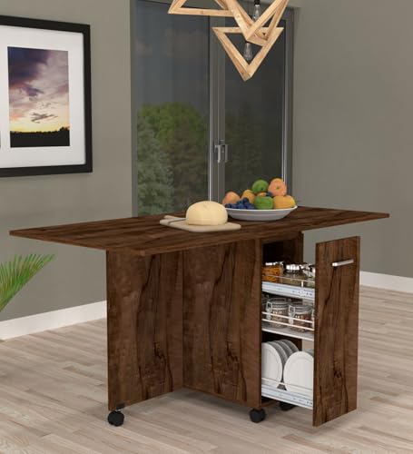 Image of SPECIALITY PANELS Folding Dining Table with 6 Wheels | Engineered Wood | Compact Design | Tables for Small Spaces | Termites Resistance | Kitchen Table in Cochwood Brown Finish