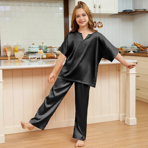 QPANCY Girls Silk Pajamas 2 Piece Short Sleeve Pjs Set Kids Satin Pajamas V Neck Shirt with Long Pant Soft Loungewear2