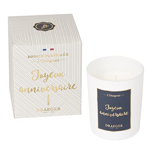 DRAEGER PARIS | Bougie blanche parfumée Fleur d'oranger 'Joyeux Anniversaire' | Idée Cadeau d'Anniversaire, idée originale | Pot en verre | Made in France | 100% Cire Végétale