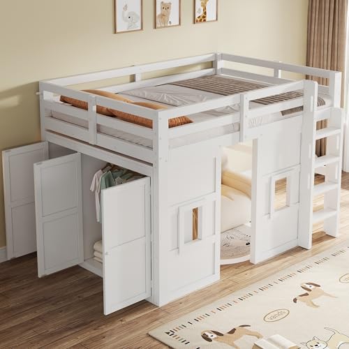 Easexcy Grande letto a castello in legno, con armadio integrato,