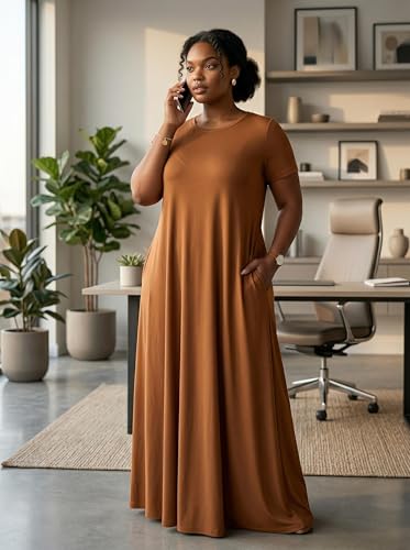 Image of SUZONANA Plus Size Maxi Dress for Curvy Women Summer Casual Sundress Short Sleeve Loose Vacation Dress
