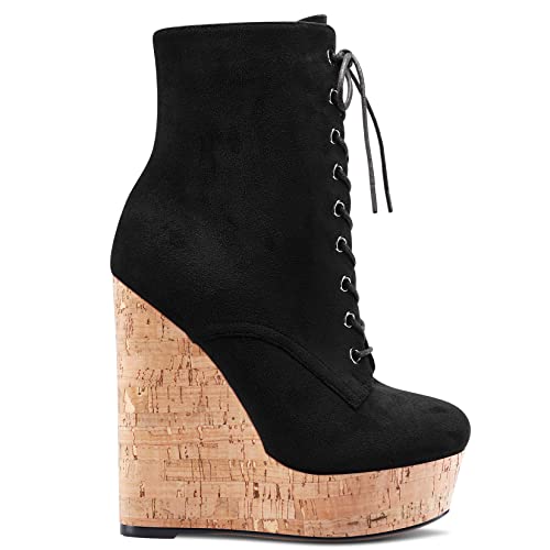 Aachcol Women Wedge Ankle Boots Short Bootie Mid Calf Close Round Toe Chunky Block High Heel Dress Shoes Suede Lace-up 6 Inch3