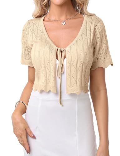 Gyabnw Cárdigan Corto Mujer Boleros para Vestidos de Fiesta Mujer Manga Corta Torera Elegante de Punto con Cuello en V Bolero de Fiesta Boda Cárdigan Cómodo Casual Moda para Verano