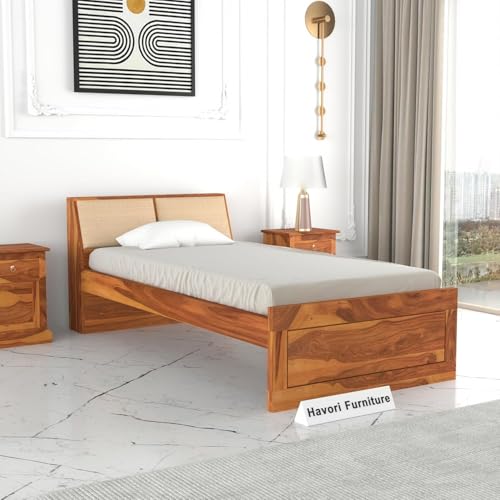 Image of Solid Sheesham Wood Single Size Bed Without Storage for Bedroom Living Room Single Cot for Home Wooden Palang for Hotel (Honey, Size 6 * 3)