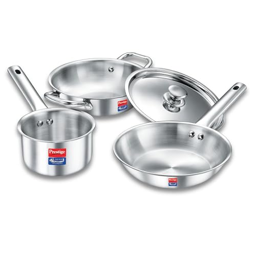 Image of Prestige Triply Splendid BYK 4-Piece Cookware Set | Fry Pan (22cm), Sauce Pan (14cm), Kadai (22cm) & Stainless Steel Lid | Induction & Gas Compatible