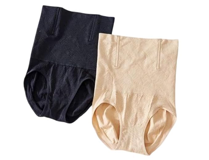 Women's High Waist Shapewear Briefs Panty, Tummy Control Underwear, Black and Beige, 2 Pack-image-8