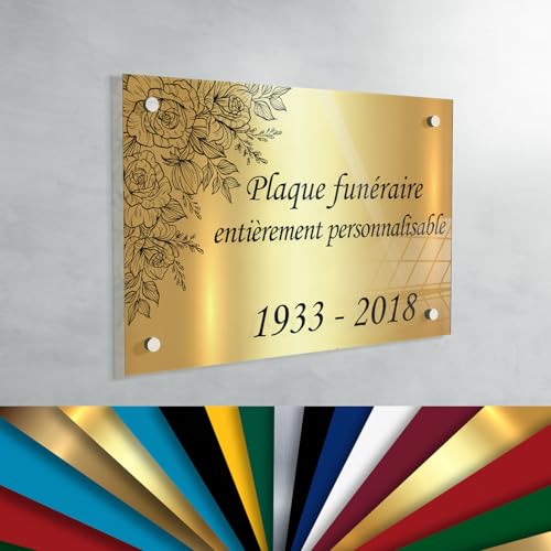 GRAVURE CONCEPT Plaque funéraire personnalisée en Troglass – Stèle Commémorative – Couleur, Motif et Dimensions Personnalisables (Fond Or - 20 x 30 cm)
