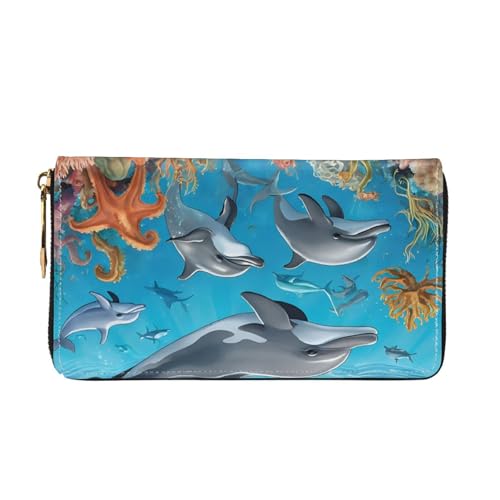 (Dolphins Sea Turtle Octopus Coral Reef) Faux Leather Wallet Long Clutch Zipper Purse Card Holder Travel Coins Cash Organizer Phone Pocket 7.48 x 4.13 x 0.9 inches2