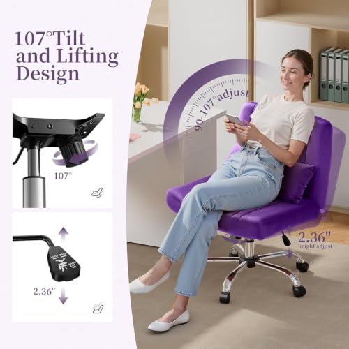 Image of Velvet Criss Cross Desk Chair with Wheels, Luxury Cross Legged Office Office, Swivel Wide Seat Vanity Chair, Armless Adjustable Height Gaming Chair Gift, Dusty (2, Purple)