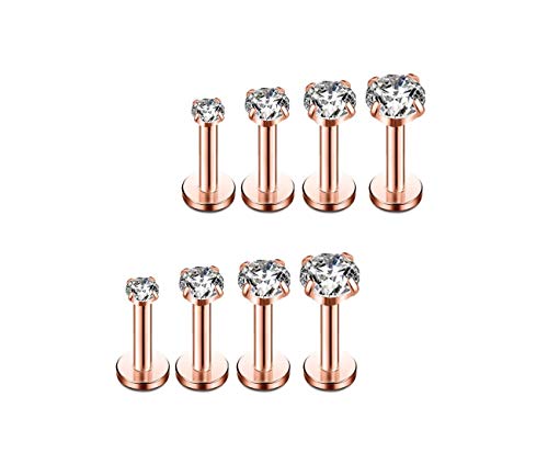 YHMM 4 Pairs 16G 2/3/4/5mm CZ Lip Rings/Tragus/Helix Earring,1/4"(6mm),1/3"(8mm) Bar Length Straight Barbells Body Piercing Jewelry. (6MM Bar: 4 Pairs Forward Rose Gold Tone)