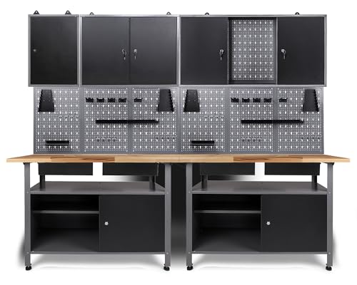 Ondis24 Werkstatteinrichtung Werkstatt Set Werkbank Fritz Hängeschrank Werkzeugwand Metall Schwarz Grau (Hängeschrank Ben & Tim 240 cm) Buchenholzarbeitsplatte