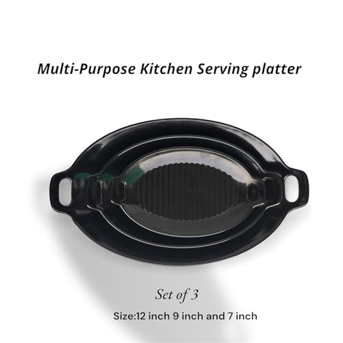 Image of Serving Platter | Melamine Snack Platter | Multi-Purpose Kitchen Serving Platter | Versatile Chip and Dip Tray for Snacks, Starters & Desserts | Lightweight & Dishwasher Safe | Set of 3 (BLACK)