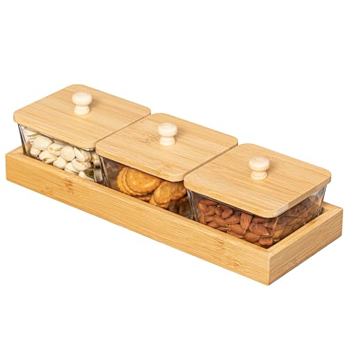Basicwise Set of 3 Square Glass Jars with Bamboo Lids and Wooden Tray – Rectangular Charcuterie, Snack Organizer and Fruit Platter for Party, Candy Jars, Cookies, Nuts, Fruits and Snack Box