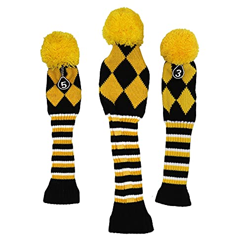 SEACLOUD 3pcs Knitted Golf Club Head Covers for Driver and Fairway Woods Headcovers Set (Argyle/Stars and Stripes Pattern) Black and Yellwo