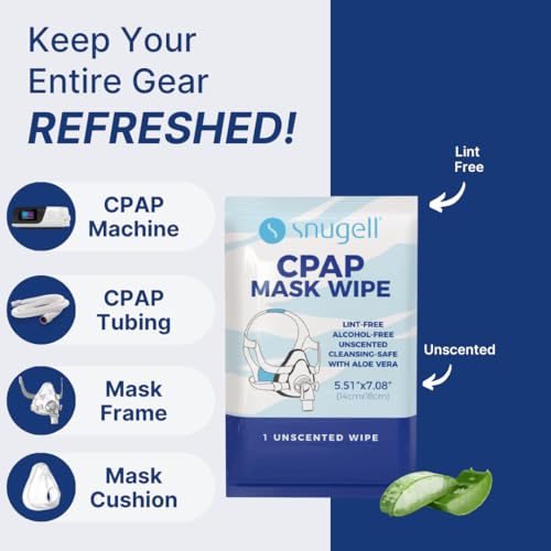 Image of Snugell Unscented Individual CPAP Mask Wipes - Travel-Friendly 40-Pack- Lint & Alcohol-Free,Skin-Safe with Aloe Vera- Perfect for Convenient, Hassle-Free Cleaner & Sanitizer of CPAP Masks & Equipment