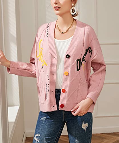 Image of chouyatou Women's Cable Knit Embroidery Patchwork Cardigan V Neck Long Sleeve Open Front Button Down Sweater