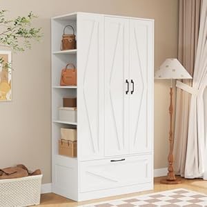 TUSY Armoire Wardrobe Closet – 70.87″ H Bedroom Armoires with Side Shelves, Wooden Wardrobe with Hanging Rod & Drawer, Closet Organizers and Storage Cabinet for Home Room, Apartment, Dorm