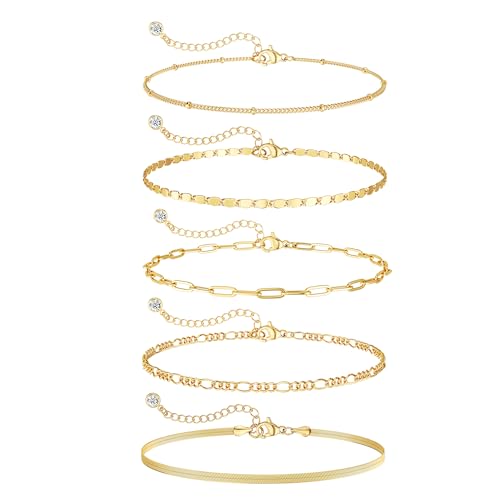 Image of DEARMAY Gold Bracelets for Women Waterproof Stackable Dainty 14K Gold Plated Rope Cuban Snake Paperclip Figaro Link Chain Pack Bracelet Adjustable Non Tarnish Fashion Accessories Jewelry Sets Gifts for Womens Mom