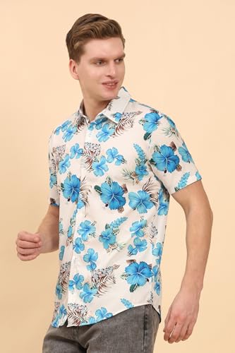 Image of Mens Printed Casual Shirts Short Sleeves Button Down Tropical Shirts (MS1 White Turquoise M)