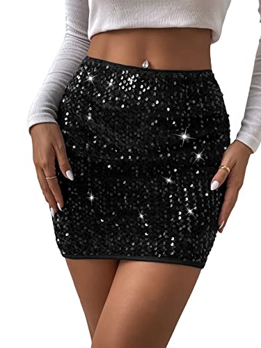 Wdirara Women's Sequin Sparkly Zip Back High Waisted Party Festival Pencil Mini Skirt Black L #TOP19
