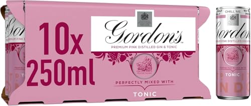 Gordons Premium Pink Distilled Gin & Tonic | 5% vol | 10 x 250ml Can | Ready to Drink Pink Gin & Tonic Cans | Flavours of Raspberry | Strawberry & Redcurrant