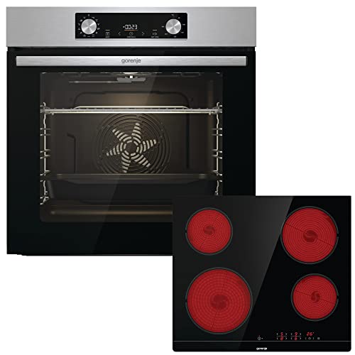 Gorenje Juego de horno empotrado Jump con vitrocerámica, 77 litros, aire caliente, GentleClose & Open, EcoClean, AirFry, PizzaMode/ChildLock/PerfectGrill/Extractores telescópicos/aspecto inox