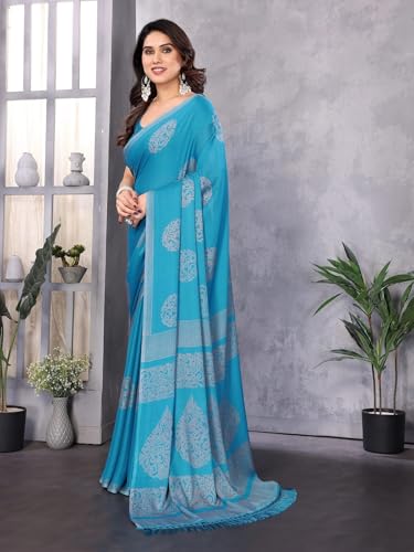 Image of Amazon Brand - Tavasya Womens Blocked Printed Daily Wear Chiffon Georgette Saree With Blouse With Blouse