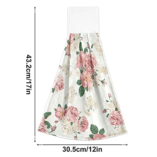 Pink Roses Kitchen Towels Set Of 2, Spring Red Flower Floral Hanging Towel With Loop Soft Absorbent Bath Hand Towels For Bathroom Decor Household Use #TOP2