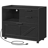 HOOBRO Lateral File Cabinet, Wooden Office Storage Drawers with Charging Station, Filing Cabinet for Home Office, A4/Letter/Legal-Sized Files, Printer Stand with Open Storage Spaces, Black BB37UWJ01