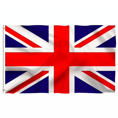 Large Union Jack Flags, 5ft x 3ft British Flag with Brass Eyelets and Polyester Fabric for Patriotic Displays, Celebrations, Outdoor/Indoor Decoration, Street Party & Sports Events (1 pc)
