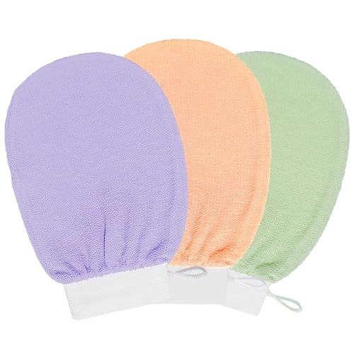 3PCS Korean Exfoliating Gloves Set – Eco-Friendly & Hypoallergenic Spa Mitts for Sensitive Skin, Hard Water & Keratosis Pilaris, Exfoliator Glove for Body/Feet (Green, Purple, Orange)